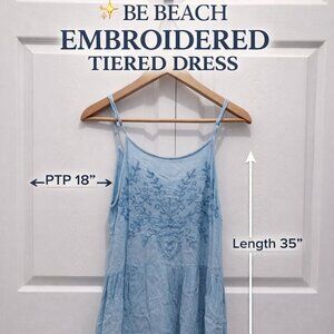 Be Beach Light Blue Embroidered Tiered Dress Adjustable Straps Boho 100% Rayon